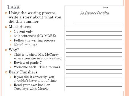 T ASK Using the writing process, write a story about what you did this summer Must Haves 1 event only 5~9 sentences (NO MORE) Follow the writing process.