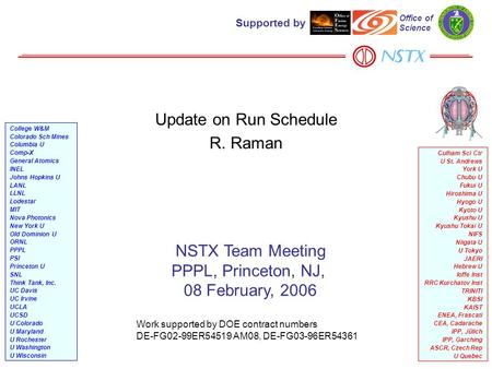 1 Update on Run Schedule R. Raman NSTX Team Meeting PPPL, Princeton, NJ, 08 February, 2006 Work supported by DOE contract numbers DE-FG02-99ER54519 AM08,