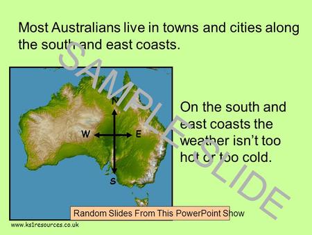 www.ks1resources.co.uk Most Australians live in towns and cities along the south and east coasts. On the south and east coasts the weather isn’t too hot.