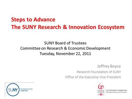 Steps to Advance The SUNY Research & Innovation Ecosystem Jeffrey Boyce Research Foundation of SUNY Office of the Executive Vice President SUNY Board of.
