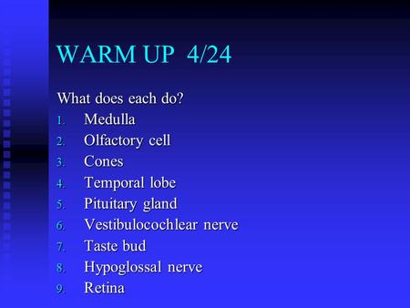 WARM UP 4/24 What does each do? 1. Medulla 2. Olfactory cell 3. Cones 4. Temporal lobe 5. Pituitary gland 6. Vestibulocochlear nerve 7. Taste bud 8. Hypoglossal.