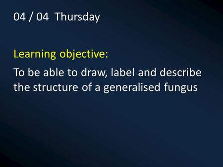 04 / 04 Thursday Learning objective: To be able to draw, label and describe the structure of a generalised fungus.