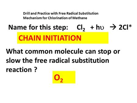 O2 CHAIN INITIATION Name for this step: Cl2 + h  2Cl*
