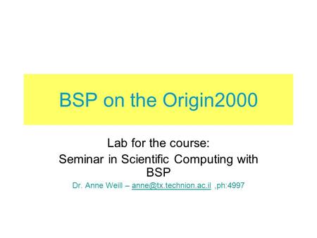 BSP on the Origin2000 Lab for the course: Seminar in Scientific Computing with BSP Dr. Anne Weill –