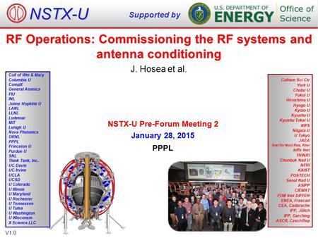 RF Operations: Commissioning the RF systems and antenna conditioning J. Hosea et al. NSTX-U Supported by Culham Sci Ctr York U Chubu U Fukui U Hiroshima.