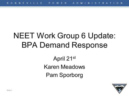Slide 1 B O N N E V I L L E P O W E R A D M I N I S T R A T I O N NEET Work Group 6 Update: BPA Demand Response April 21 st Karen Meadows Pam Sporborg.
