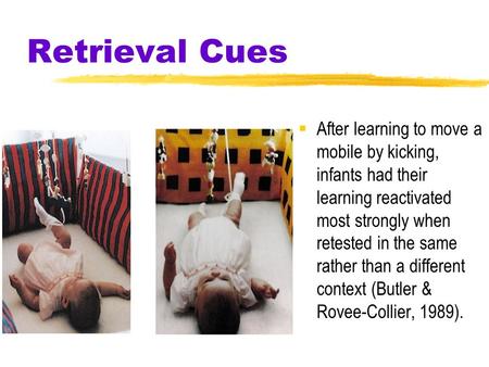 Retrieval Cues  After learning to move a mobile by kicking, infants had their learning reactivated most strongly when retested in the same rather than.