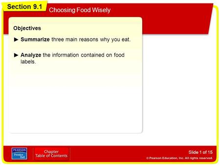 Section 9.1 Choosing Food Wisely Slide 1 of 15 Objectives Summarize three main reasons why you eat. Analyze the information contained on food labels. Section.