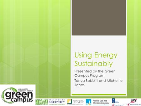 Using Energy Sustainably Presented by the Green Campus Program: Tonya Bobbitt and Michel’le Jones 1.