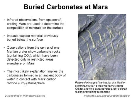 Discoveries in Planetary Sciencehttp://dps.aas.org/education/dpsdisc/ Buried Carbonates at Mars Infrared observations from spacecraft orbiting Mars are.