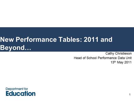 1 New Performance Tables: 2011 and Beyond… Cathy Christieson Head of School Performance Data Unit 13 th May 2011.