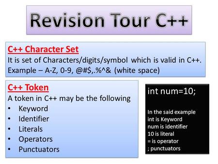 C++ Character Set It is set of Characters/digits/symbol which is valid in C++. Example – A-Z, (white space) C++ Character Set It is set of.