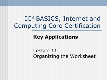 IC 3 BASICS, Internet and Computing Core Certification Key Applications Lesson 11 Organizing the Worksheet.