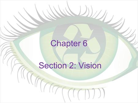 Chapter 6 Section 2: Vision. What we See Stimulus is light –Visible light comes from sun, stars, light bulbs, & is reflected off objects –Travels in the.