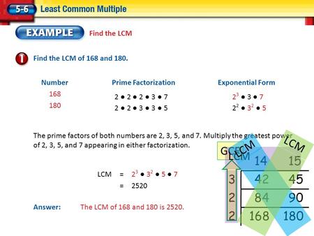 Find the LCM Find the LCM of 168 and 180. NumberPrime FactorizationExponential Form 168 180 Answer: The LCM of 168 and 180 is 2520. 2 ● 2 ● 2 ● 3 ● 72.