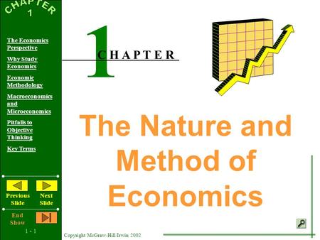 1 - 1 Copyright McGraw-Hill/Irwin 2002 The Economics Perspective Why Study Economics Economic Methodology Macroeconomics and Microeconomics Pitfalls to.