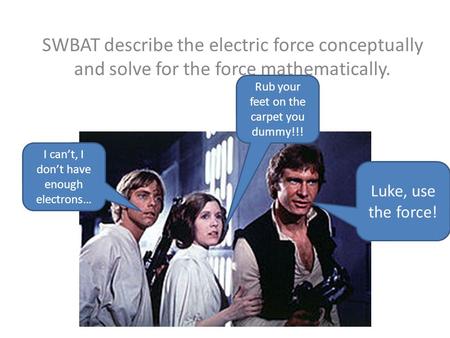 Electric Force SWBAT describe the electric force conceptually and solve for the force mathematically. Luke, use the force! I can’t, I don’t have enough.