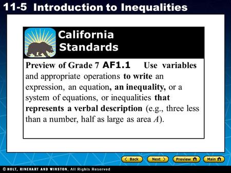 Preview of Grade 7 AF1.1 Use variables and appropriate operations to write an expression, an equation, an inequality, or a system of equations, or.