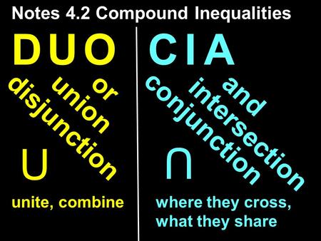 C I AC I AD U OD U O disjunction conjunction union intersection orand U U Notes 4.2 Compound Inequalities unite, combinewhere they cross, what they share.