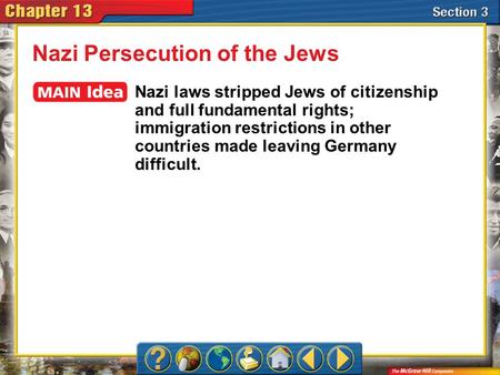 Section 3 Nazi Persecution of the Jews Nazi laws stripped Jews of citizenship and full fundamental rights; immigration restrictions in other countries.