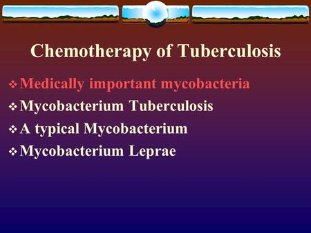Chemotherapy of Tuberculosis  Medically important mycobacteria  Mycobacterium Tuberculosis  A typical Mycobacterium  Mycobacterium Leprae.