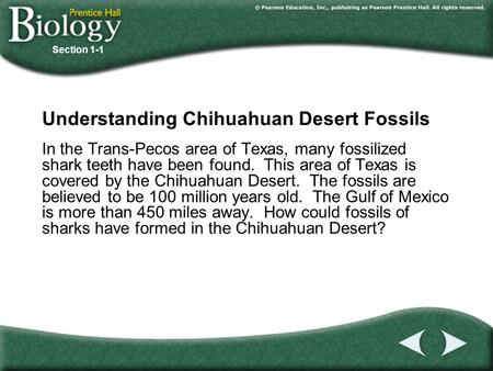 Section 1-1 Understanding Chihuahuan Desert Fossils In the Trans-Pecos area of Texas, many fossilized shark teeth have been found. This area of Texas is.