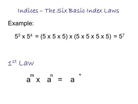 Indices – The Six Basic Index Laws 1 st Law 5 3 x 5 4 = (5 x 5 x 5) x (5 x 5 x 5 x 5)= 5 7 Example: aax=a + mnmn.
