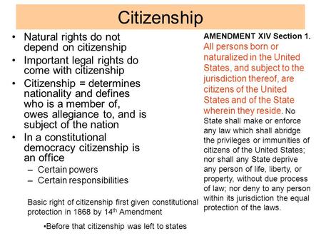 Citizenship Natural rights do not depend on citizenship Important legal rights do come with citizenship Citizenship = determines nationality and defines.