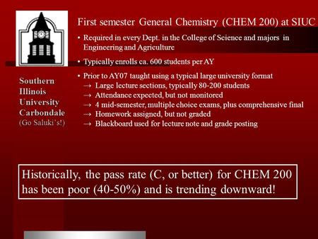 Southern Illinois University Carbondale (Go Saluki’s!) First semester General Chemistry (CHEM 200) at SIUC Required in every Dept. in the College of Science.
