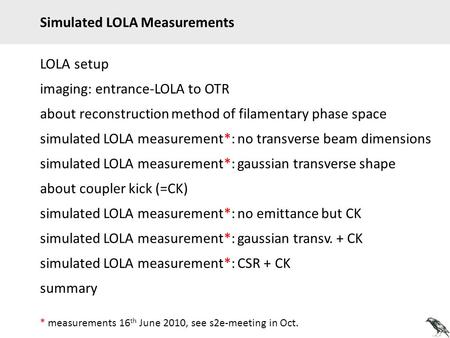 LOLA setup simulated LOLA measurement*: no transverse beam dimensions imaging: entrance-LOLA to OTR simulated LOLA measurement*: gaussian transverse shape.