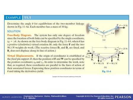 Engineering Mechanics: Statics, Thirteenth Edition R. C. Hibbeler Copyright ©2013 by Pearson Education, Inc. All rights reserved. EXAMPLE 11.1.