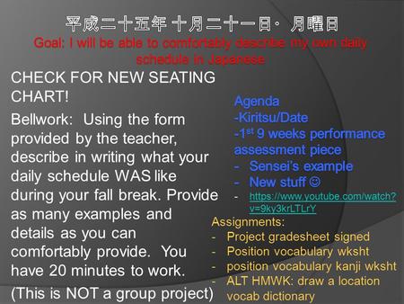 CHECK FOR NEW SEATING CHART! Bellwork: Using the form provided by the teacher, describe in writing what your daily schedule WAS like during your fall break.