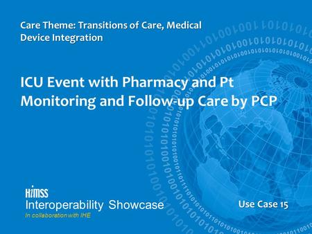 Us Case 5 ICU Event with Pharmacy and Pt Monitoring and Follow-up Care by PCP Care Theme: Transitions of Care, Medical Device Integration Use Case 15 Interoperability.
