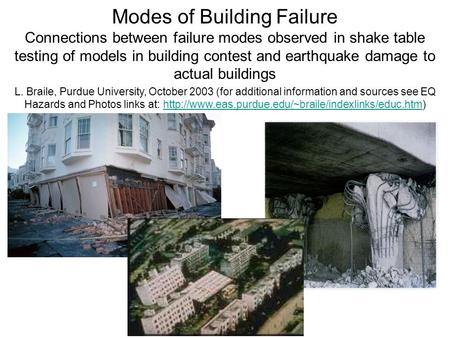 Modes of Building Failure Connections between failure modes observed in shake table testing of models in building contest and earthquake damage to actual.