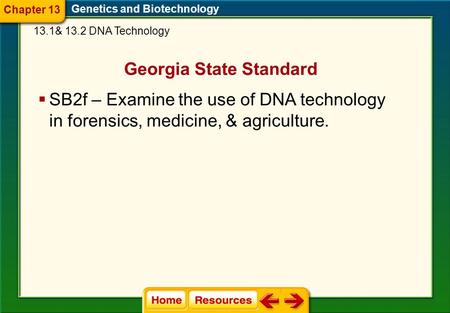 Georgia State Standard  SB2f – Examine the use of DNA technology in forensics, medicine, & agriculture. Genetics and Biotechnology 13.1& 13.2 DNA Technology.