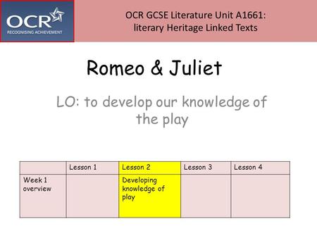 Romeo & Juliet LO: to develop our knowledge of the play Lesson 1Lesson 2Lesson 3Lesson 4 Week 1 overview Developing knowledge of play OCR GCSE Literature.