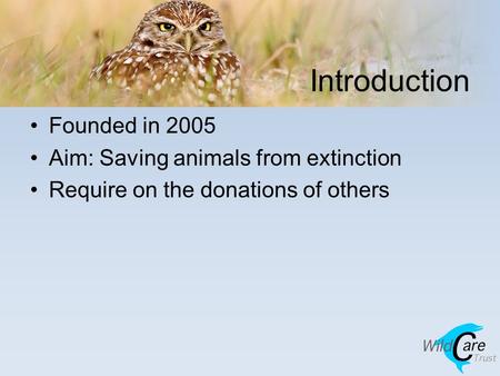 Introduction Founded in 2005 Aim: Saving animals from extinction Require on the donations of others.