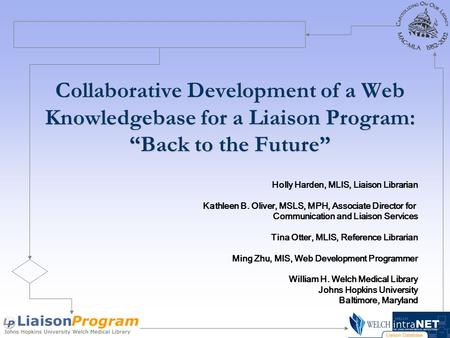 Collaborative Development of a Web Knowledgebase for a Liaison Program: “Back to the Future” Holly Harden, MLIS, Liaison Librarian Kathleen B. Oliver,