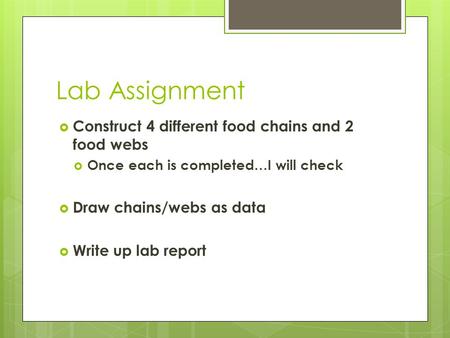 Lab Assignment  Construct 4 different food chains and 2 food webs  Once each is completed…I will check  Draw chains/webs as data  Write up lab report.