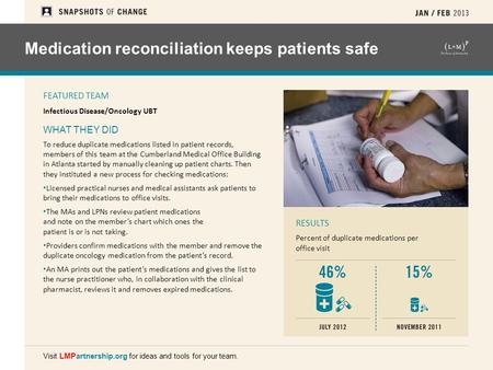 Medication reconciliation keeps patients safe FEATURED TEAM Infectious Disease/Oncology UBT WHAT THEY DID To reduce duplicate medications listed in patient.