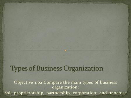 Objective 1.02 Compare the main types of business organization: Sole proprietorship, partnership, corporation, and franchise.