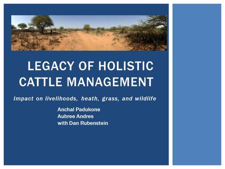 Impact on livelihoods, heath, grass, and wildlife LEGACY OF HOLISTIC CATTLE MANAGEMENT Anchal Padukone Aubree Andres with Dan Rubenstein.