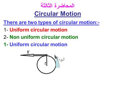 المحاضرة الثالثة Circular Motion There are two types of circular motion:- 1- Uniform circular motion 2- Non uniform circular motion 1- Uniform circular.