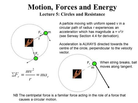 Motion, Forces and Energy Lecture 5: Circles and Resistance m FrFr FrFr m FrFr A particle moving with uniform speed v in a circular path of radius r experiences.