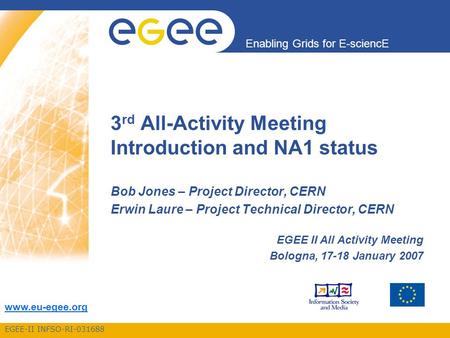 EGEE-II INFSO-RI-031688 Enabling Grids for E-sciencE www.eu-egee.org 3 rd All-Activity Meeting Introduction and NA1 status Bob Jones – Project Director,