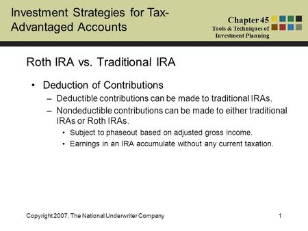 Investment Strategies for Tax- Advantaged Accounts Chapter 45 Tools & Techniques of Investment Planning Copyright 2007, The National Underwriter Company1.