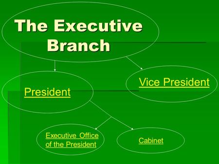The Executive Branch President Vice President Executive Office of the President Cabinet.