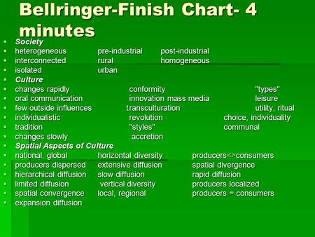 Bellringer-Finish Chart- 4 minutes  Society  heterogeneouspre-industrial post-industrial  interconnected ruralhomogeneous  isolatedurban  Culture.