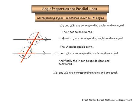 Angle Properties and Parallel Lines Corresponding angles – sometimes known as F angles. ab c e d f gh c and h are corresponding angles and are equal. The.