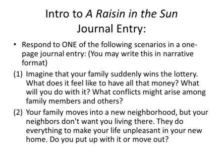 Intro to A Raisin in the Sun Journal Entry: